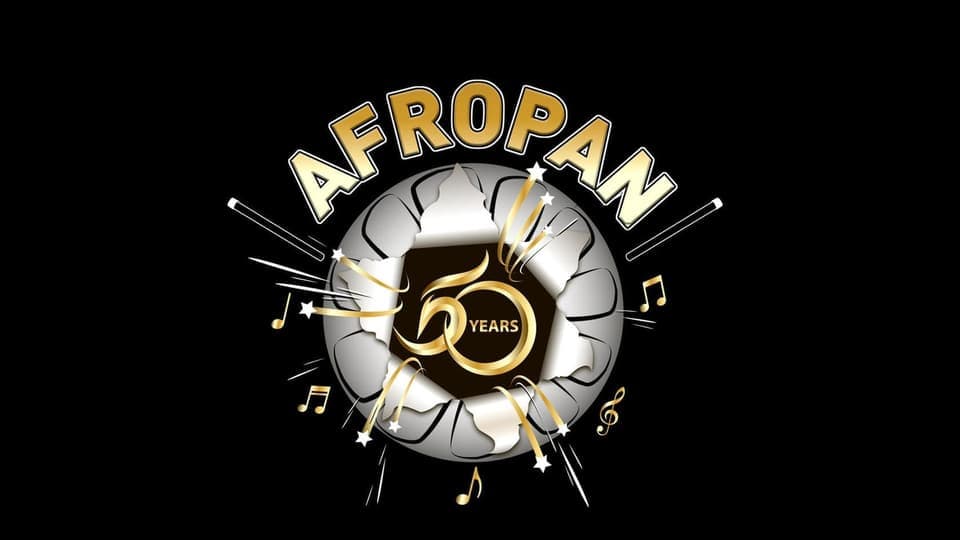 Afropan 50 years logo with the band name around a steelpan drum on a black background
