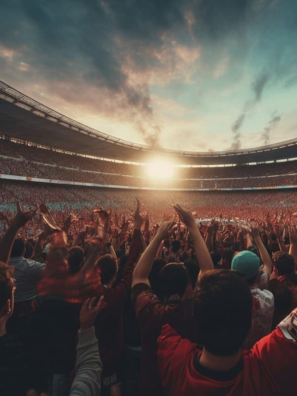 A crowd at a stadium at sunset with arms raised, in Carnival Nationz artwork