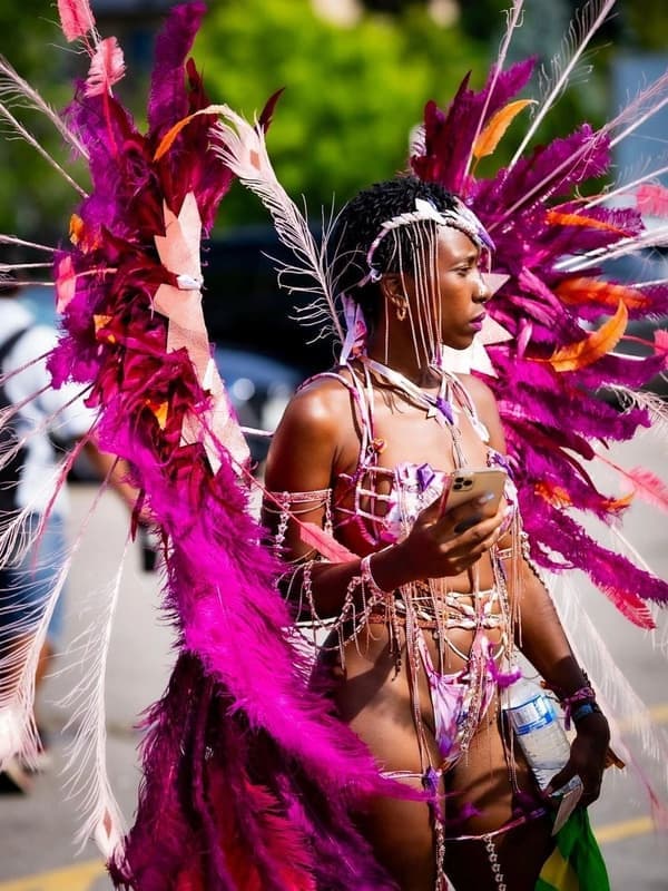 A masquerader in a large pink and purple feathered backpiece and headdress on the road