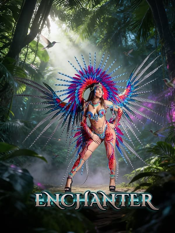 Enchanter costume: a masquerader with a blue and red feathered headdress in a forest scene