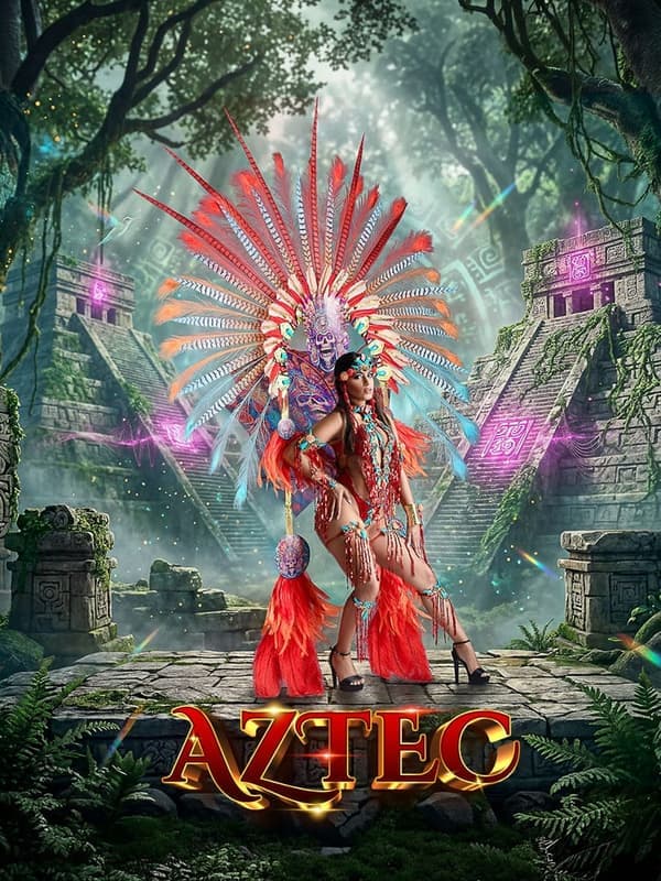 Aztec costume: a masquerader with a red feathered headdress in front of a temple