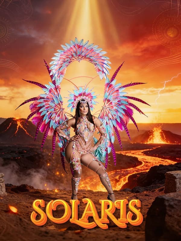 Solaris costume: a masquerader with a gold and teal headdress in front of a volcano
