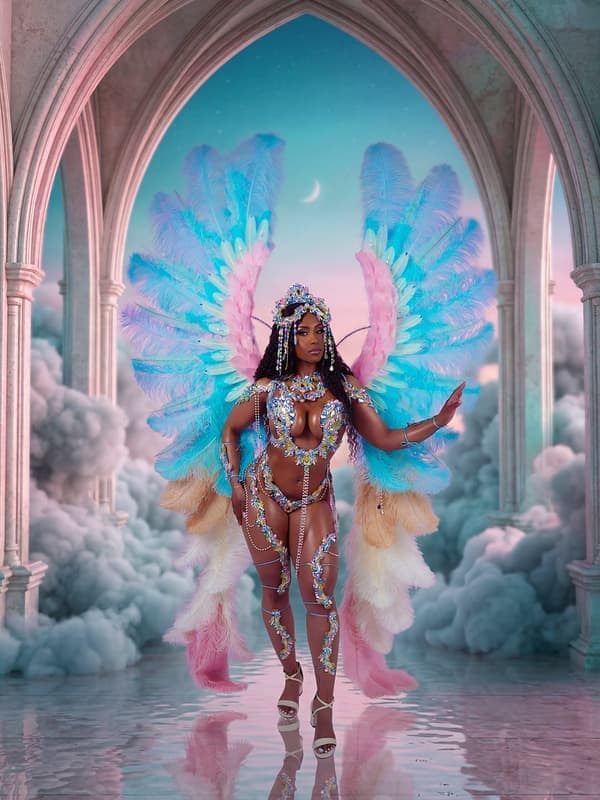 Halo costume: a model in pale blue feathers under a stone archway