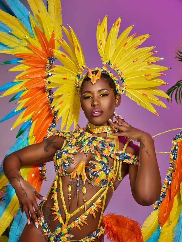 Model in a yellow, orange and blue feathered costume against a purple background