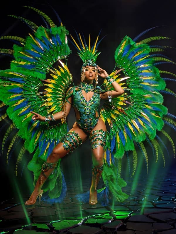 Model in a green and gold costume with large feathered wings on a dark stage